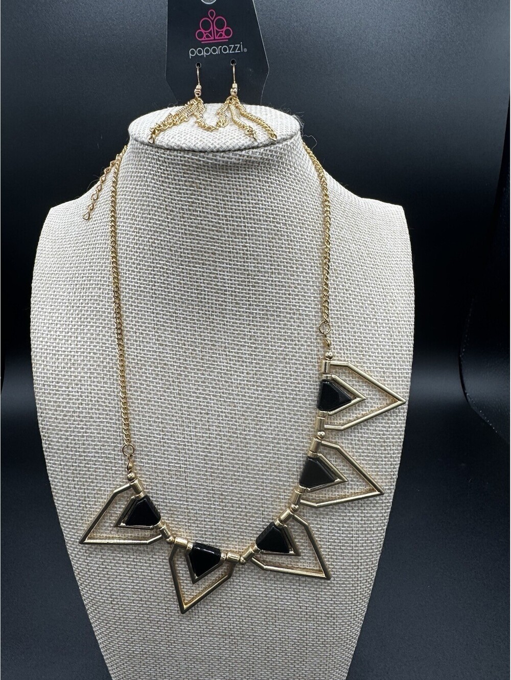 Paparazzi Black Gold Geometric Statement Necklace Earrings Set NWT Modern